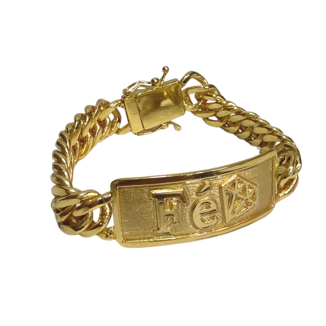 Pulseira Placa Fé Diamante - Grumet 13mm - Fecho Duplo - Banhado a Ouro 18k