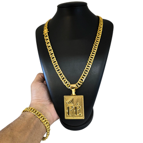 Cordão + Pulseira Grumet 12mm Pingente Fé Diamante Placa Banhado a Ouro 18k