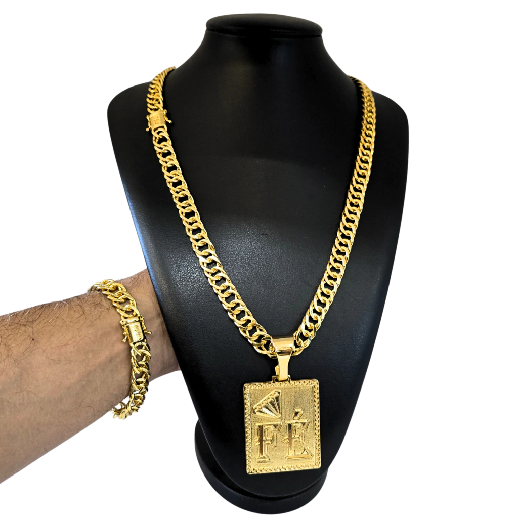 Cordão + Pulseira Grumet 12mm Pingente Fé Diamante Placa Banhado a Ouro 18k
