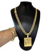 Cordão + Pulseira Grumet 12mm Pingente Fé Diamante Placa Banhado a Ouro 18k
