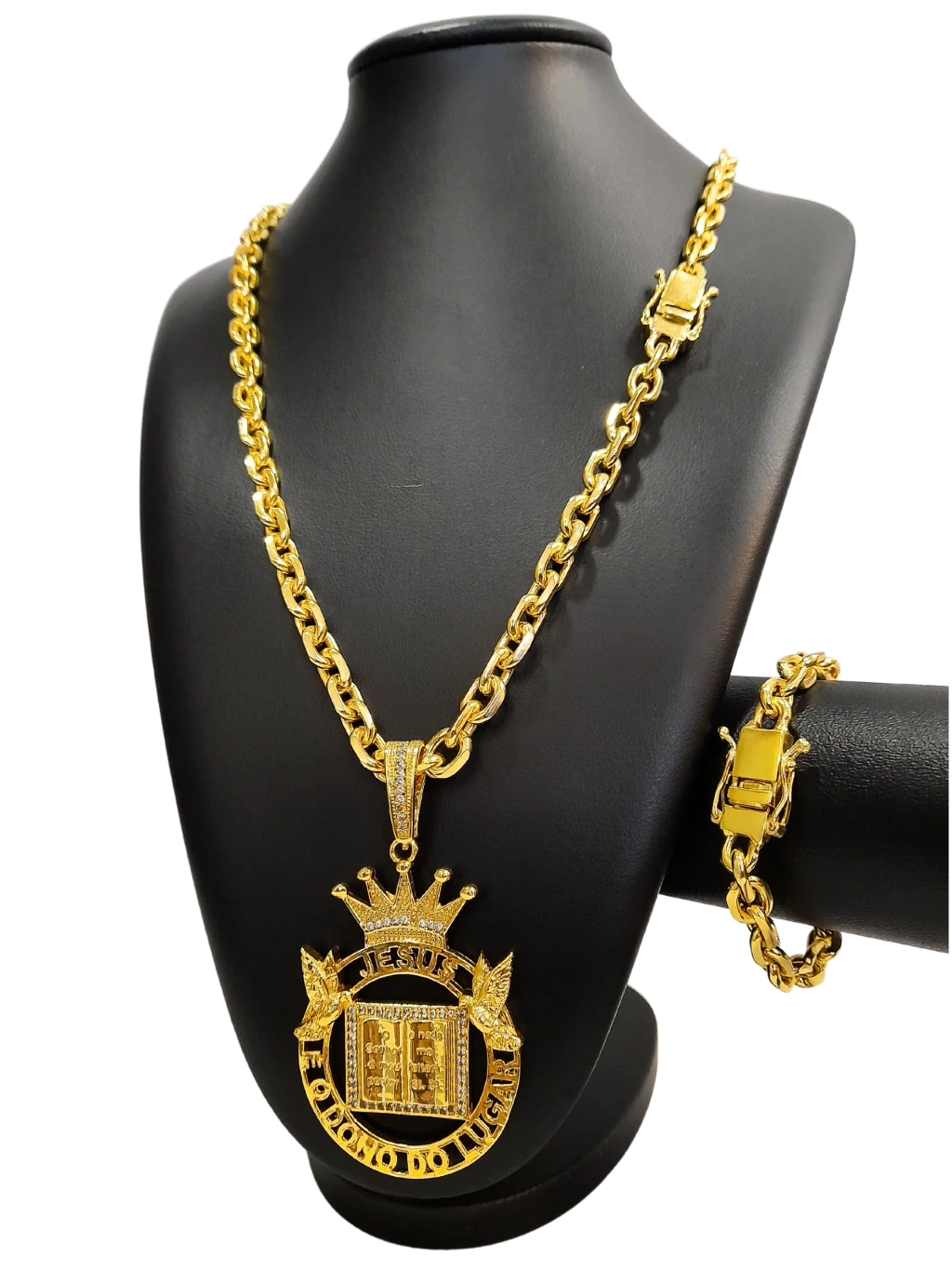 Cordão+Pulseira Cadeado 9mm Fecho Duplo Pingente Coroa Bíblia Versículo "O senhor é meu pastor" Banhado a Ouro 18k