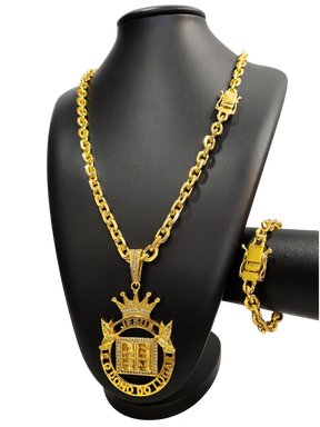Cordão+Pulseira Cadeado 9mm Fecho Duplo Pingente Coroa Bíblia Versículo "O senhor é meu pastor" Banhado a Ouro 18k