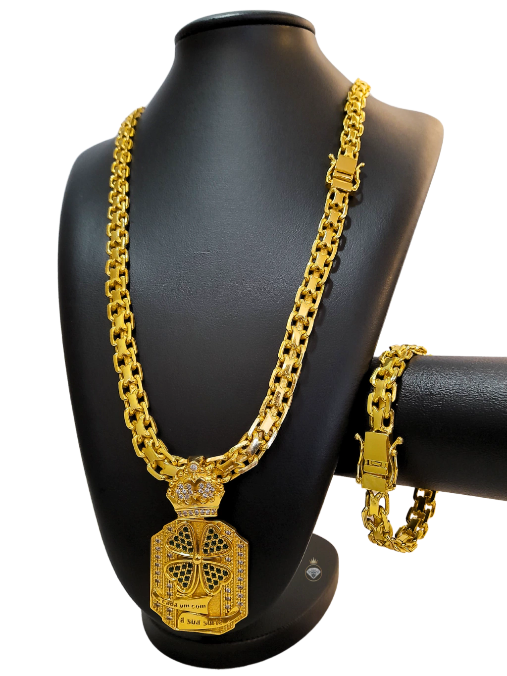 Cordão+Pulseira Cadeado Duplo 10mm+Pingente Trevo da Sorte Banhado a ouro 18k