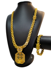 Cordão+Pulseira Cadeado Duplo 10mm+Pingente Trevo da Sorte Banhado a ouro 18k