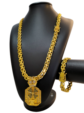 Cordão+Pulseira Cadeado Duplo 10mm+Pingente Trevo da Sorte Banhado a ouro 18k
