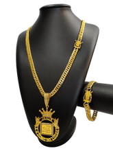 Cordão+Pulseira Grumet 9mm Fecho Duplo Pingente Coroa Bíblia Versículo "O senhor é meu pastor" Banhado a Ouro 18k