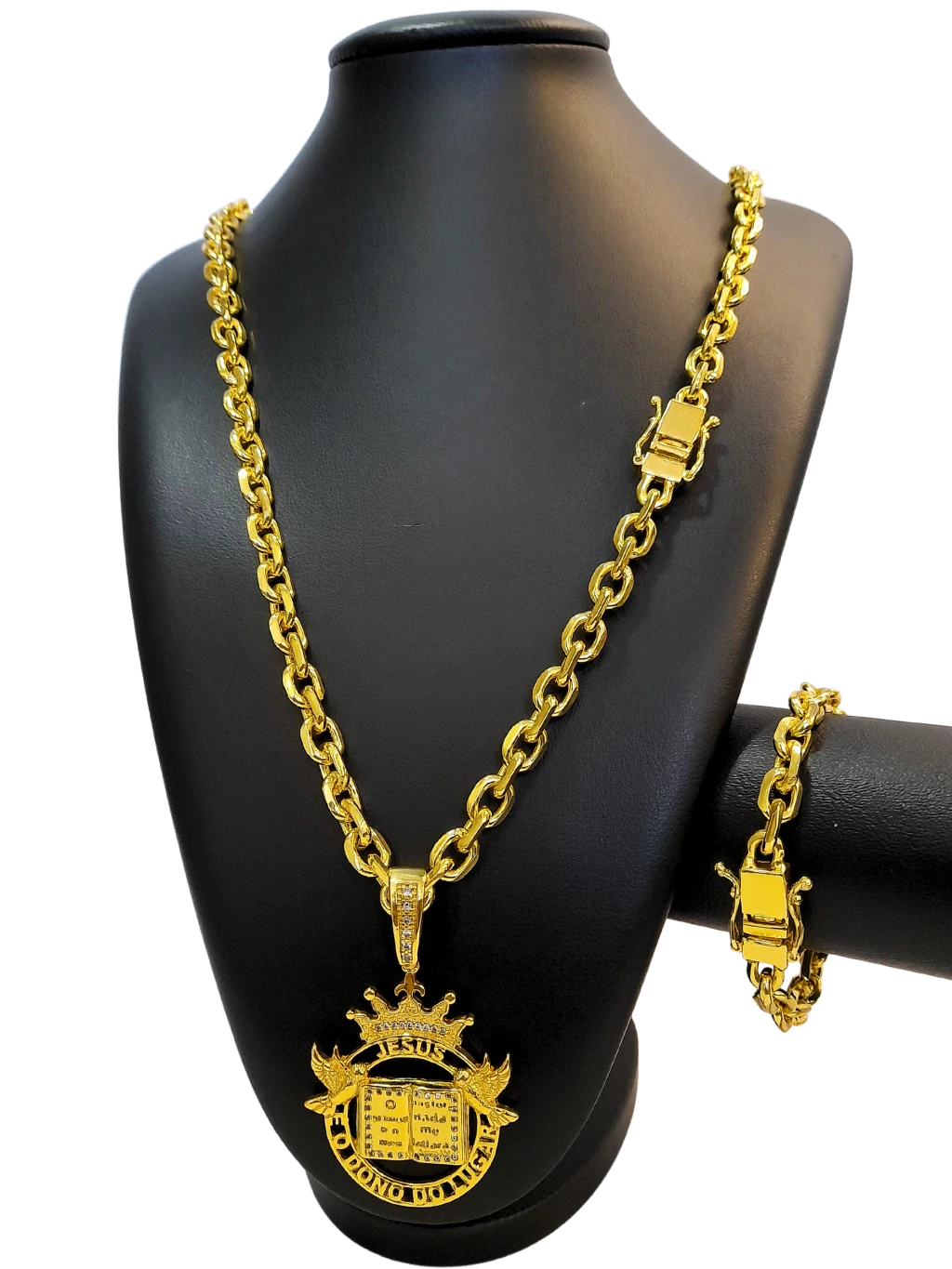 Cordão+Pulseira Cadeado 9mm Fecho Duplo Pingente Coroa Bíblia Versículo "O senhor é meu pastor" Banhado a Ouro 18k
