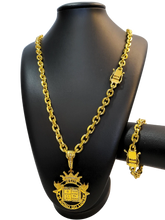 Cordão+Pulseira Cadeado 9mm Fecho Duplo Pingente Coroa Bíblia Versículo "O senhor é meu pastor" Banhado a Ouro 18k