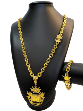 Cordão+Pulseira Cadeado 9mm Fecho Duplo Pingente Coroa Bíblia Versículo "O senhor é meu pastor" Banhado a Ouro 18k