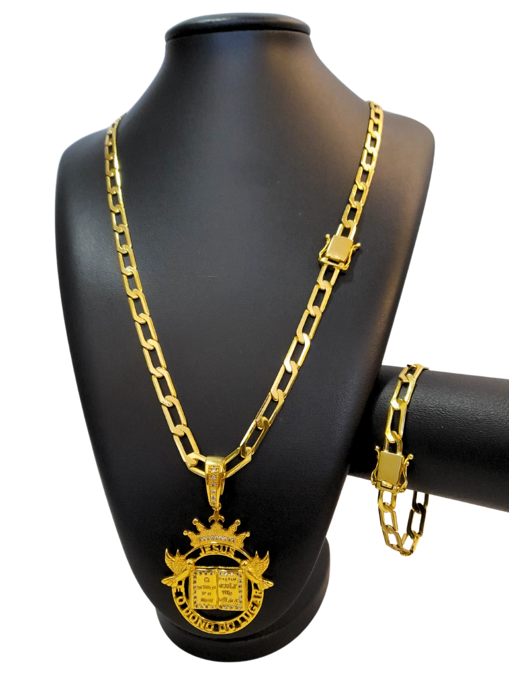Cordão+Pulseira Grumet Alongado 7mm Fecho Duplo Pingente Coroa Bíblia Versículo "O senhor é meu pastor" Banhado a Ouro 18k