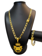 Cordão+Pulseira Grumet Alongado 7mm Fecho Duplo Pingente Coroa Bíblia Versículo "O senhor é meu pastor" Banhado a Ouro 18k