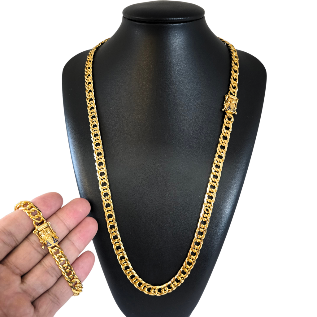 Cordão + Pulseira Grumet 9mm Fecho Santa Banhado a Ouro 18k