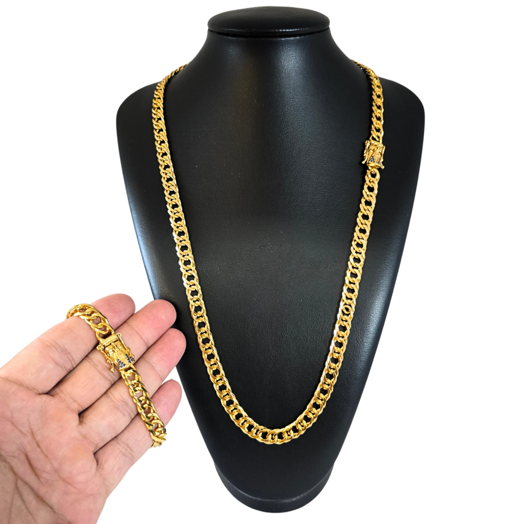 Cordão + Pulseira Grumet 9mm Fecho Santa Banhado a Ouro 18k