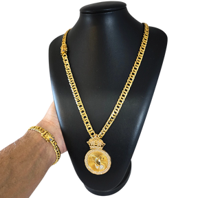Cordão + Pulseira Grumet 9mm + Pingente Fé Mãos Rezando Banhado a Ouro 18k