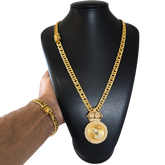Cordão + Pulseira Grumet 9mm + Pingente Fé Mãos Rezando Banhado a Ouro 18k