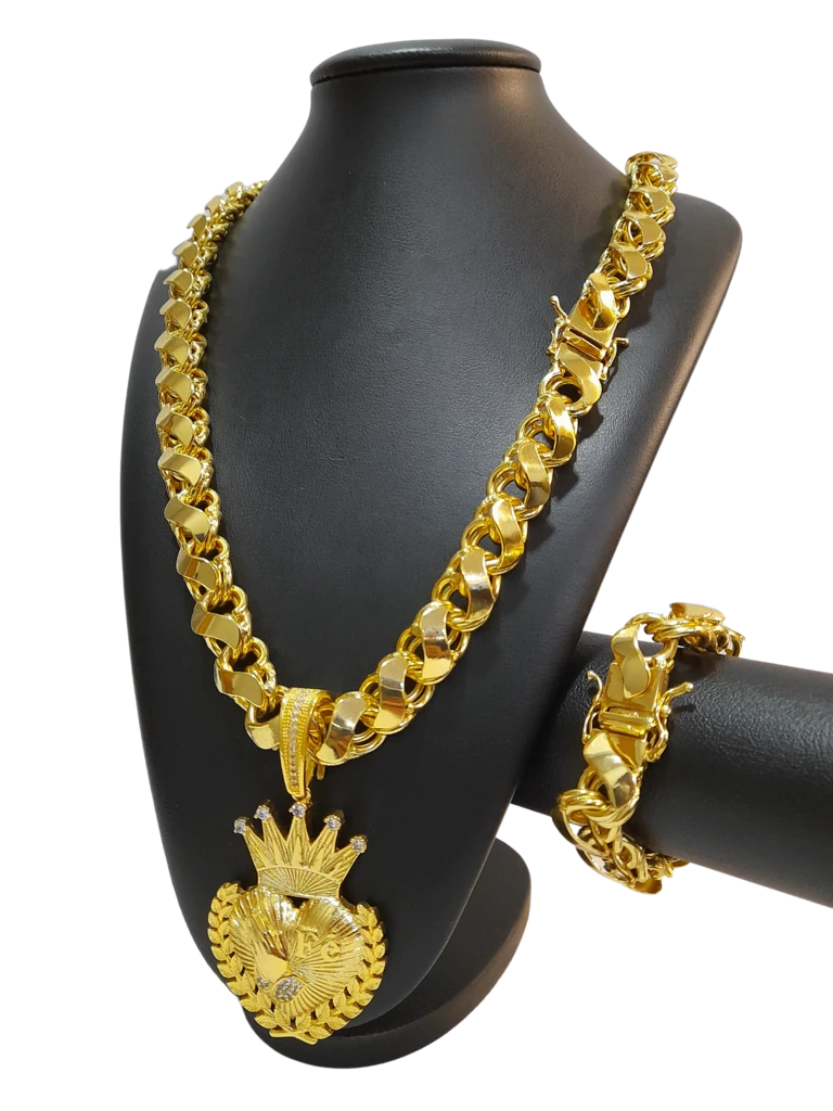 Cordão+Pulseira Friso S 16mm Pingente Fé Mãos Coração Banhado a Ouro 18k