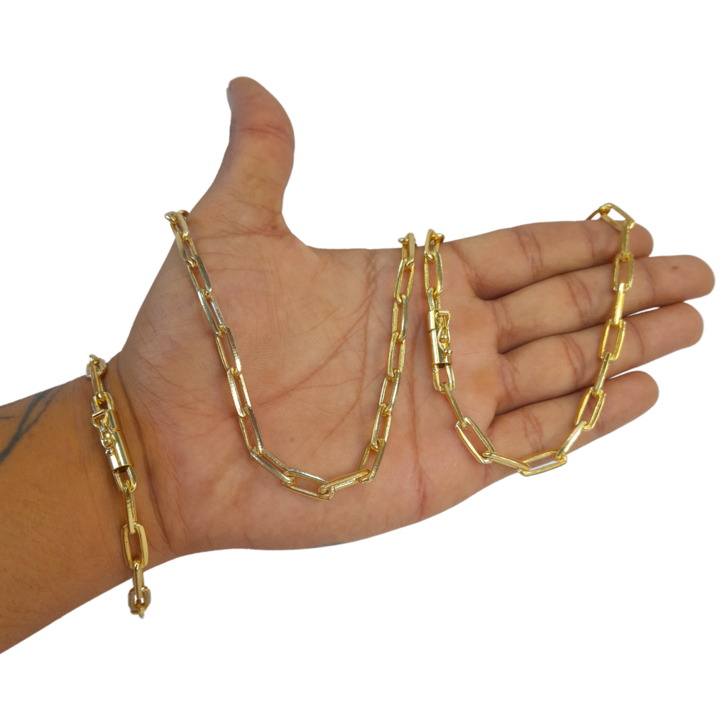 Cordão+Pulseira Tijolinho - 6mm - Fecho Bomba - Banhado a Ouro 18k
