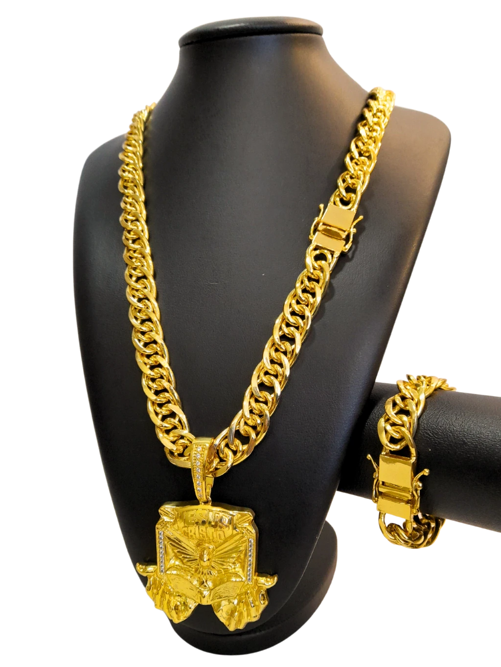Cordão+Pulseira Romano 15mm Fecho Duplo Pingente Espírito Santo Bíblia Banhado a Ouro 18k