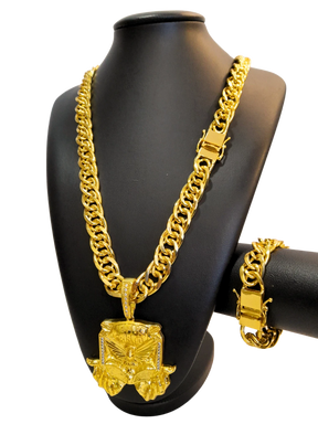 Cordão+Pulseira Romano 15mm Fecho Duplo Pingente Espírito Santo Bíblia Banhado a Ouro 18k