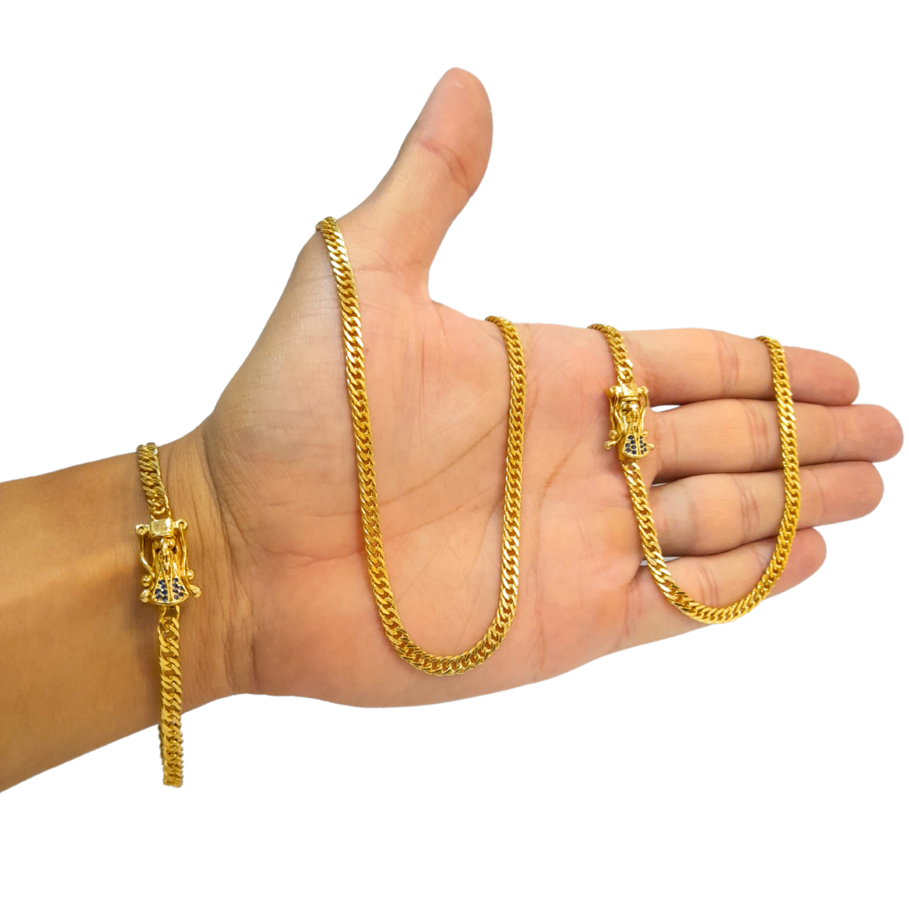 Cordão+Pulseira Grumet Lacraia 5mm Fecho Nossa Senhora Banhado a Ouro 18k