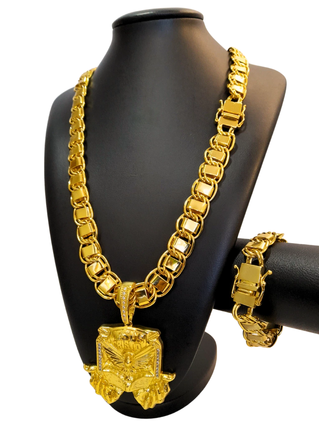 Cordão+Pulseira Dubai 15mm Fecho Duplo Pingente Espírito Santo Bíblia Banhado a Ouro 18k