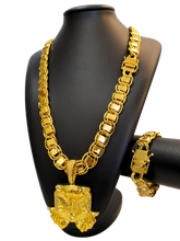 Cordão+Pulseira Dubai 15mm Fecho Duplo Pingente Espírito Santo Bíblia Banhado a Ouro 18k
