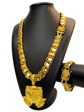 Cordão+Pulseira Dubai 15mm Fecho Duplo Pingente Espírito Santo Bíblia Banhado a Ouro 18k
