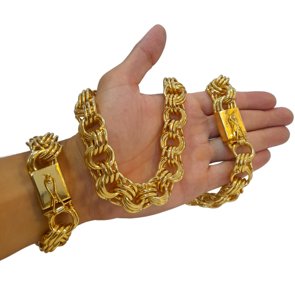 Cordão+Pulseira Friso Triplo 20mm Banhado a Ouro 18k