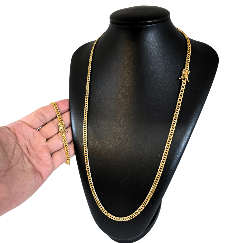 Cordão + Pulseira Grumet 5mm Fecho Santa Banhado a Ouro 18k