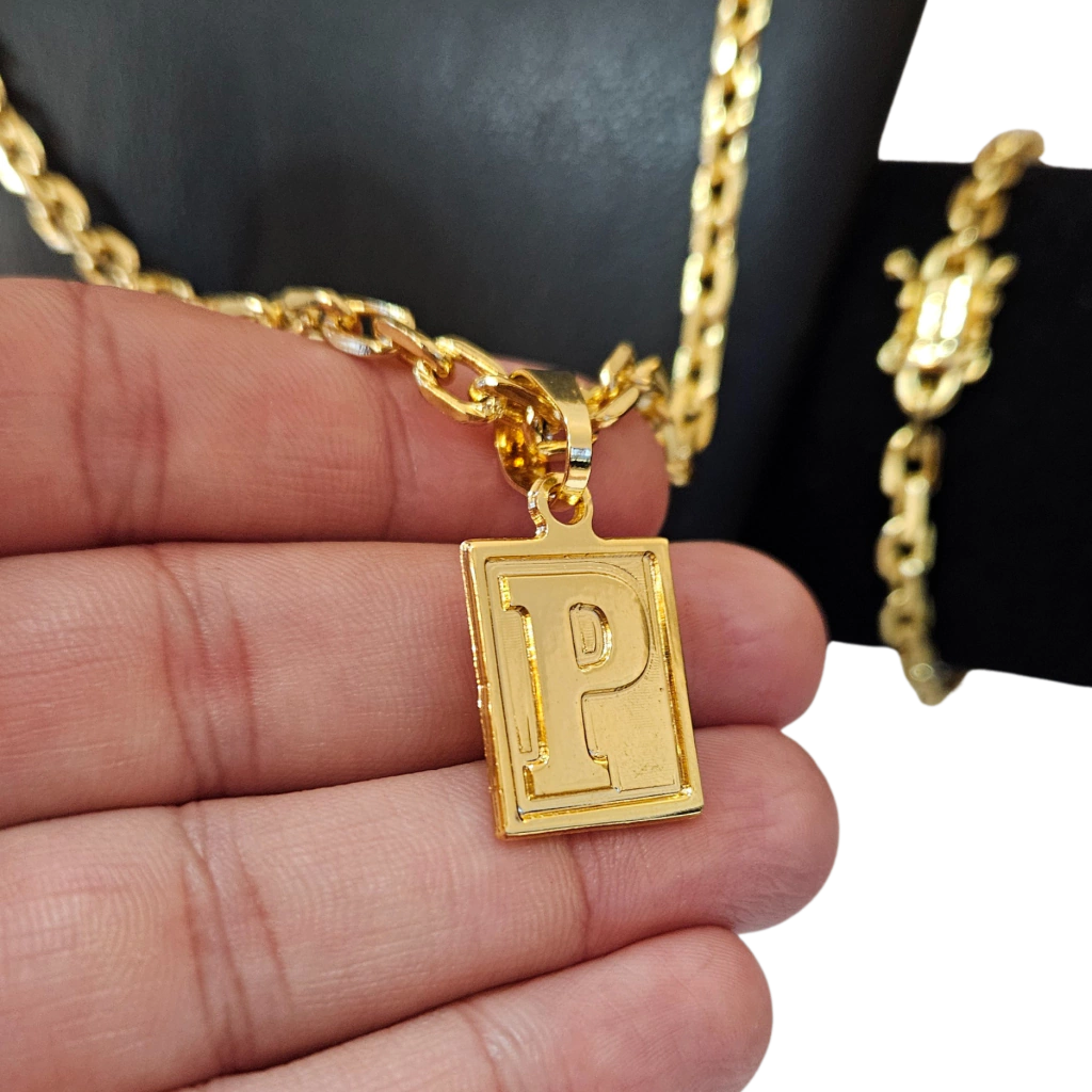Cordão+Pulseira Cadeado 6mm+Pingente Letra Banhado a ouro 18k