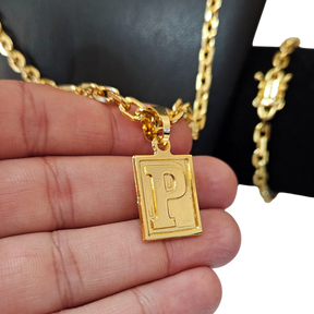 Cordão+Pulseira Cadeado 6mm+Pingente Letra Banhado a ouro 18k