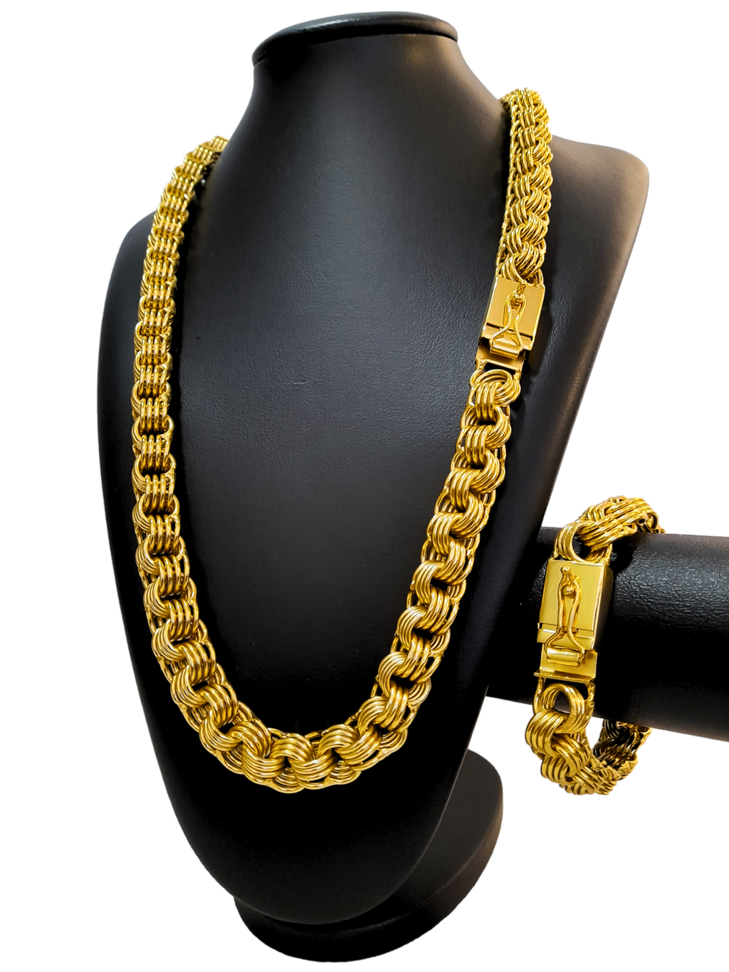 Cordão+Pulseira Friso Quadruplo 13mm Banhado a Ouro 18k