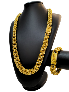 Cordão+Pulseira Friso Quadruplo 13mm Banhado a Ouro 18k