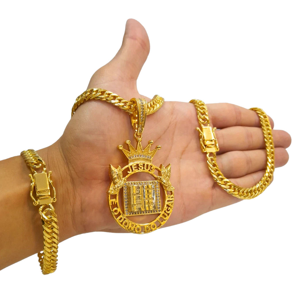Cordão+Pulseira Grumet 9mm Fecho Duplo Pingente Coroa Bíblia Versículo "O senhor é meu pastor" Banhado a Ouro 18k