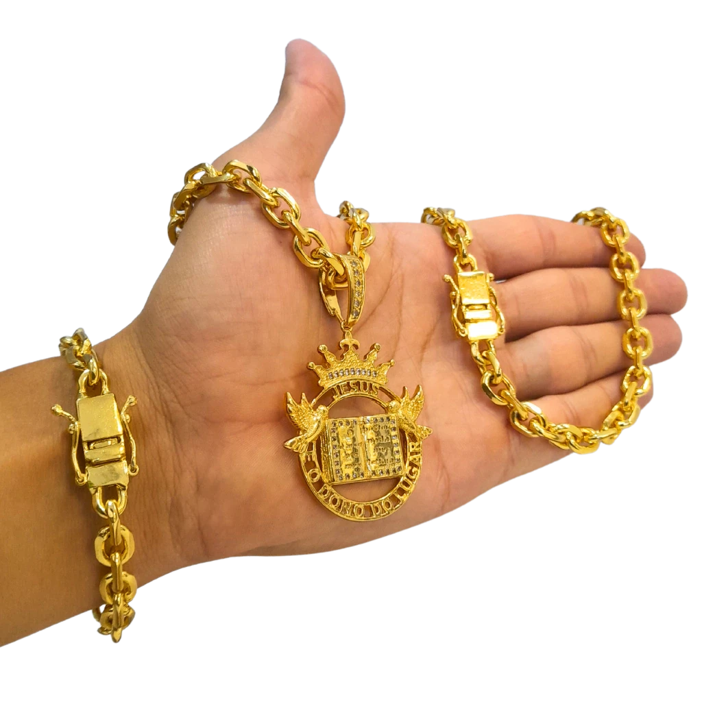 Cordão+Pulseira Cadeado 9mm Fecho Duplo Pingente Coroa Bíblia Versículo "O senhor é meu pastor" Banhado a Ouro 18k