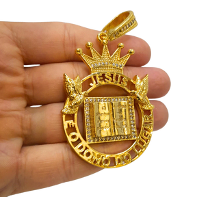 Cordão+Pulseira Cadeado 9mm Fecho Duplo Pingente Coroa Bíblia Versículo "O senhor é meu pastor" Banhado a Ouro 18k