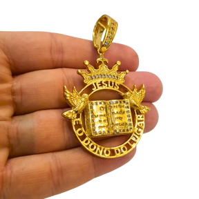 Cordão+Pulseira Cadeado 9mm Fecho Duplo Pingente Coroa Bíblia Versículo "O senhor é meu pastor" Banhado a Ouro 18k