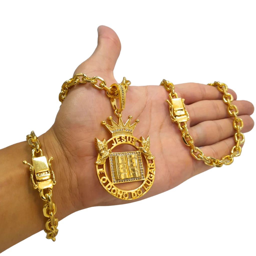 Cordão+Pulseira Cadeado 9mm Fecho Duplo Pingente Coroa Bíblia Versículo "O senhor é meu pastor" Banhado a Ouro 18k