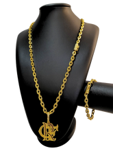 Cordão+Pulseira cadeado 7mm Pingente crf cravejado vermelho banhado a ouro 18k