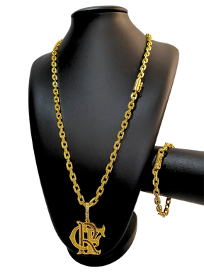 Cordão+Pulseira cadeado 7mm Pingente crf cravejado vermelho banhado a ouro 18k