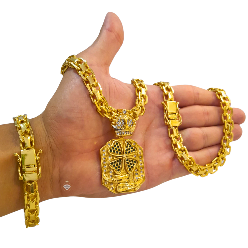 Cordão+Pulseira Cadeado Duplo 10mm+Pingente Trevo da Sorte Banhado a ouro 18k