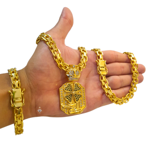 Cordão+Pulseira Cadeado Duplo 10mm+Pingente Trevo da Sorte Banhado a ouro 18k