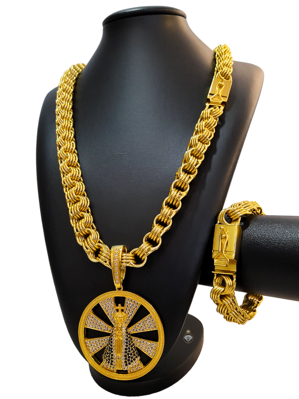 Cordão+Pulseira Friso Quadruplo 13mm+Pingente Nossa Senhora Banhado a Ouro 18k