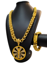 Cordão+Pulseira Friso Quadruplo 13mm+Pingente Nossa Senhora Banhado a Ouro 18k