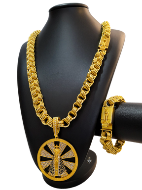 Cordão+Pulseira Friso Quadruplo 13mm+Pingente Nossa Senhora Banhado a Ouro 18k