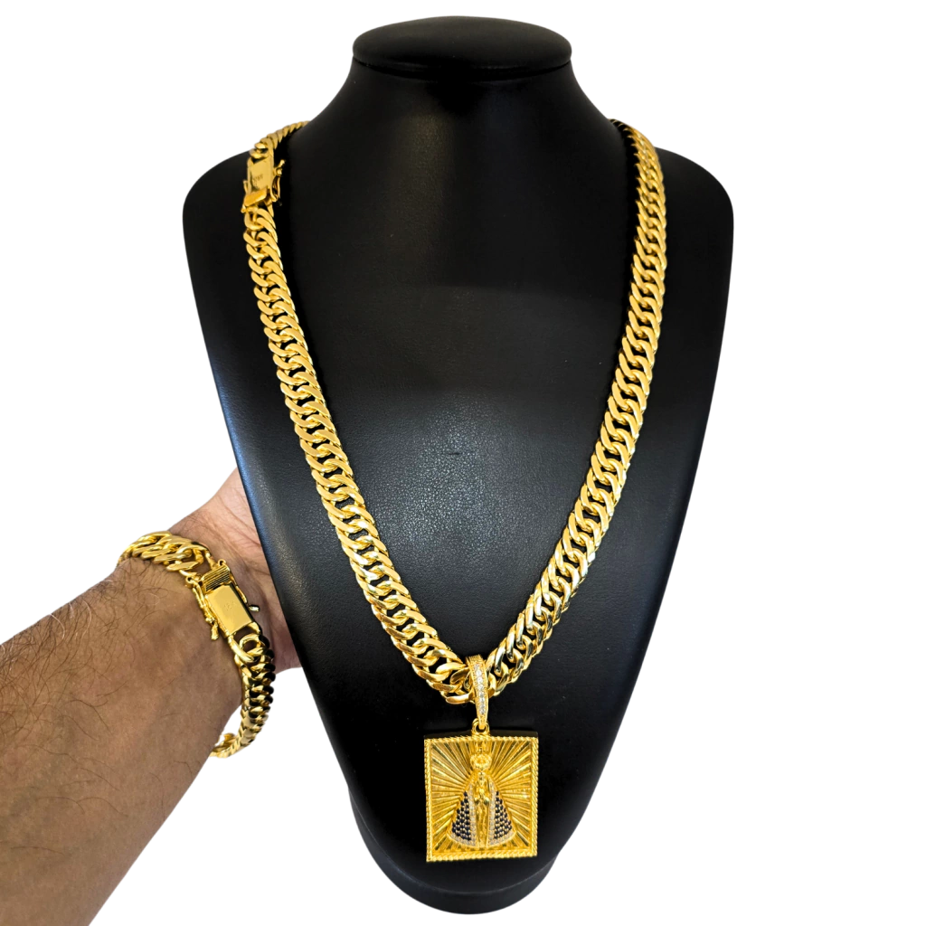 Cordão+Pulseira Grumet 13mm Pingente Nossa Senhora Cravejado Banhado a Ouro 18k