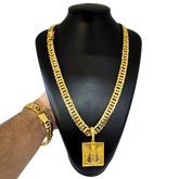 Cordão+Pulseira Grumet 13mm Pingente Nossa Senhora Cravejado Banhado a Ouro 18k