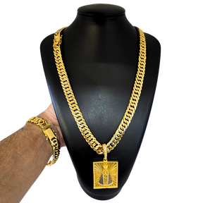 Cordão+Pulseira Grumet 13mm Pingente Nossa Senhora Cravejado Banhado a Ouro 18k