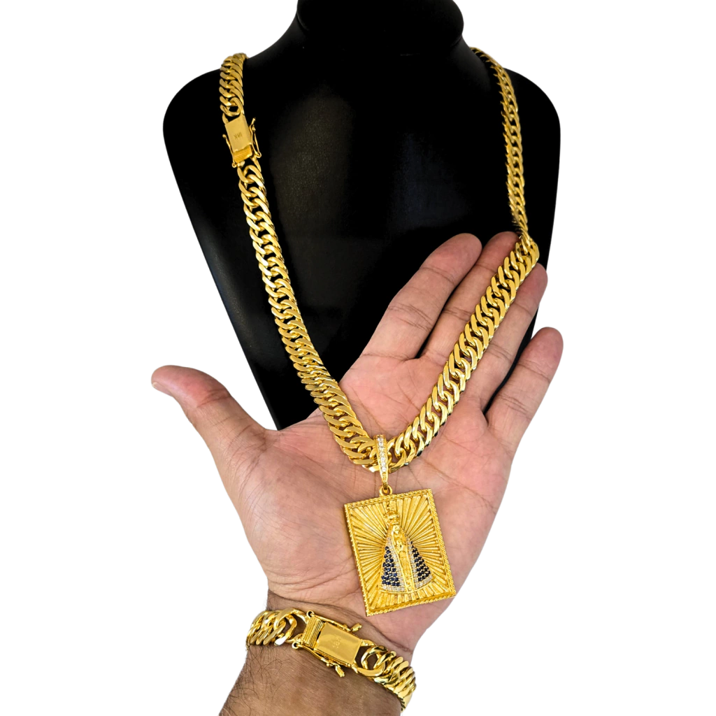 Cordão+Pulseira Grumet 13mm Pingente Nossa Senhora Cravejado Banhado a Ouro 18k