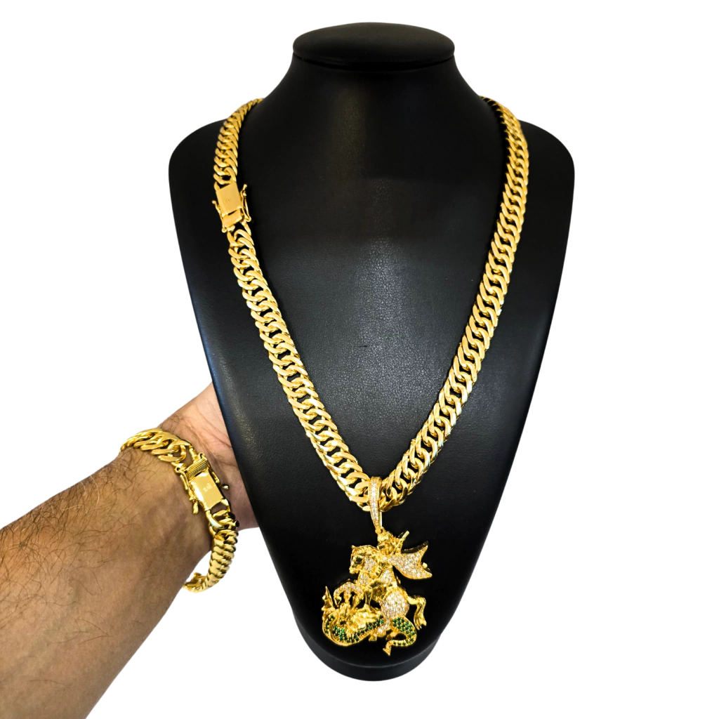 Cordão+Pulseira Grumet 13mm Pingente São Jorge Cravejado Banhado a Ouro 18k